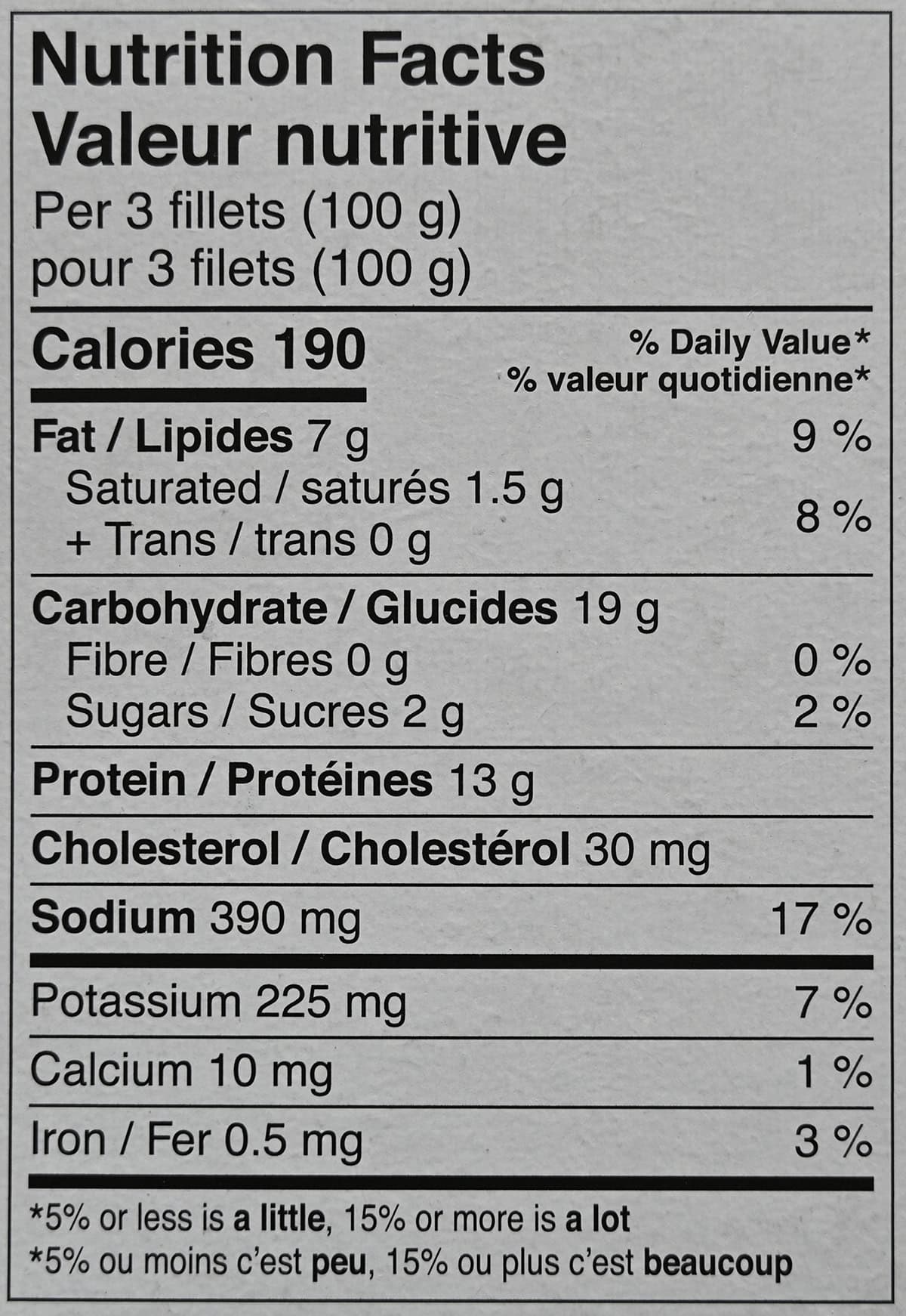 Image of the nutrition facts for the tenders from the back of the package.