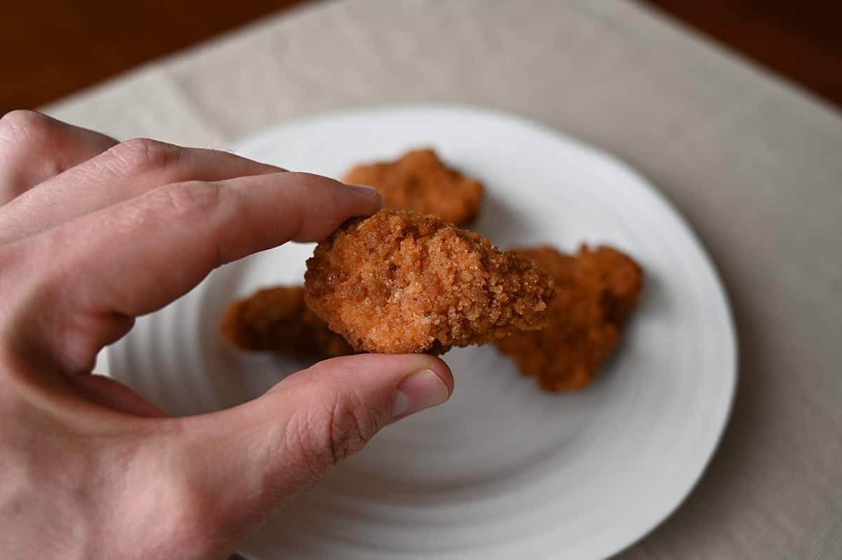 Closeup image of a hand holding one cold uncooked chicken tender close to the camera.