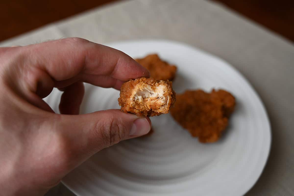 Closeup image of a hand holding one cold uncooked chicken tender close to the camera so you can see the center.