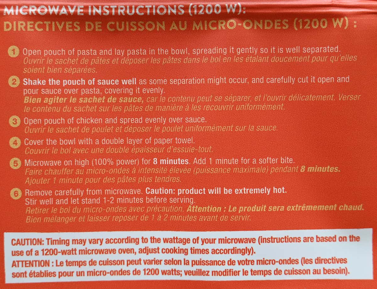 Image of the microwave heating instructions for the fettuccine from the back of the package.
