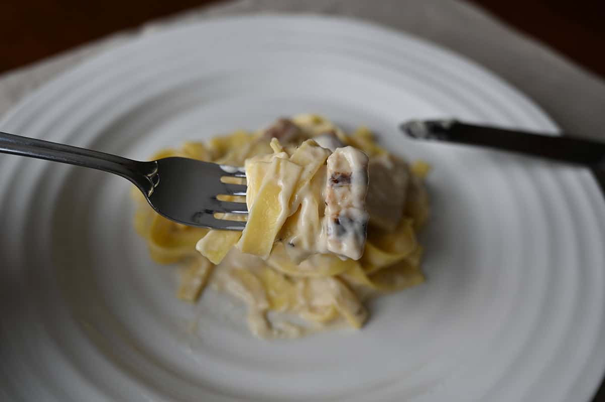 Closeup image of a fork with fettuccine with alfredo sauce wrapped around the fork.