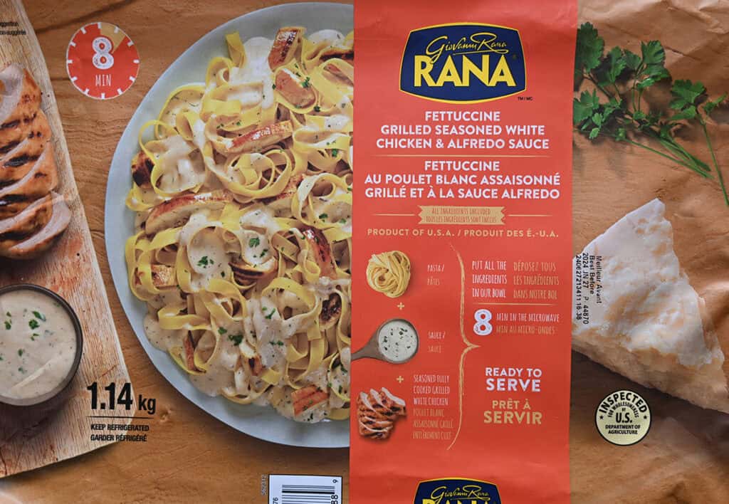 Closeup image of the front label on the pasta showing the ingredients, product of USA and that it's ready to serve.