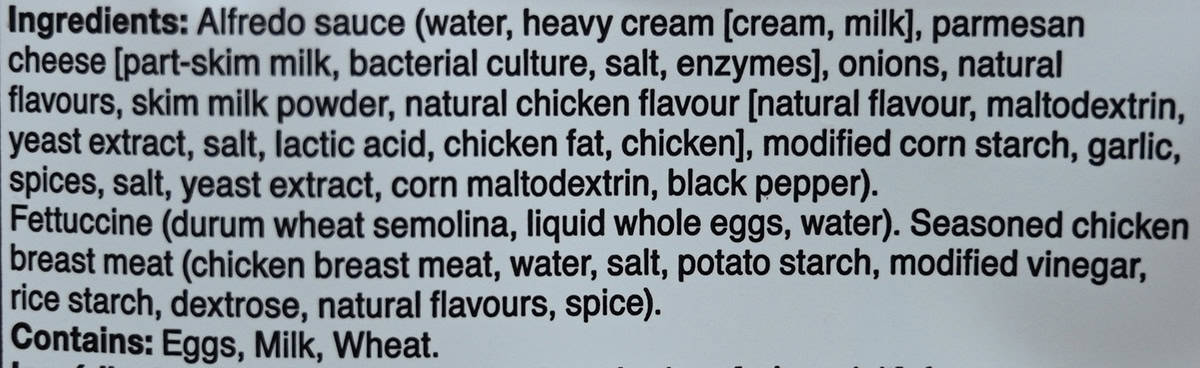 Image of the ingredients list for the fettuccine from the back of the package.