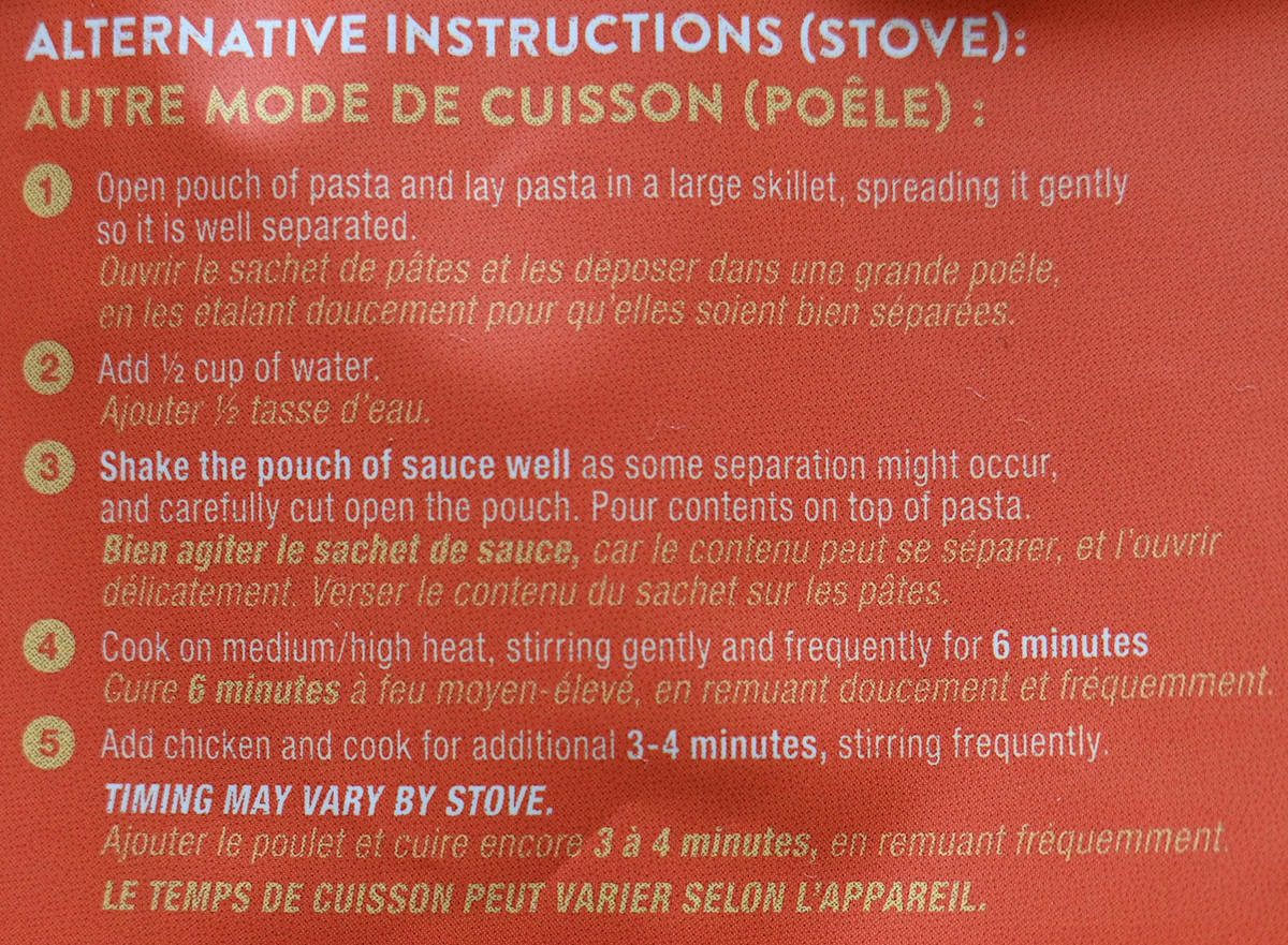 Image of the stovetop heating instructions for the fettuccine from the back of the package.