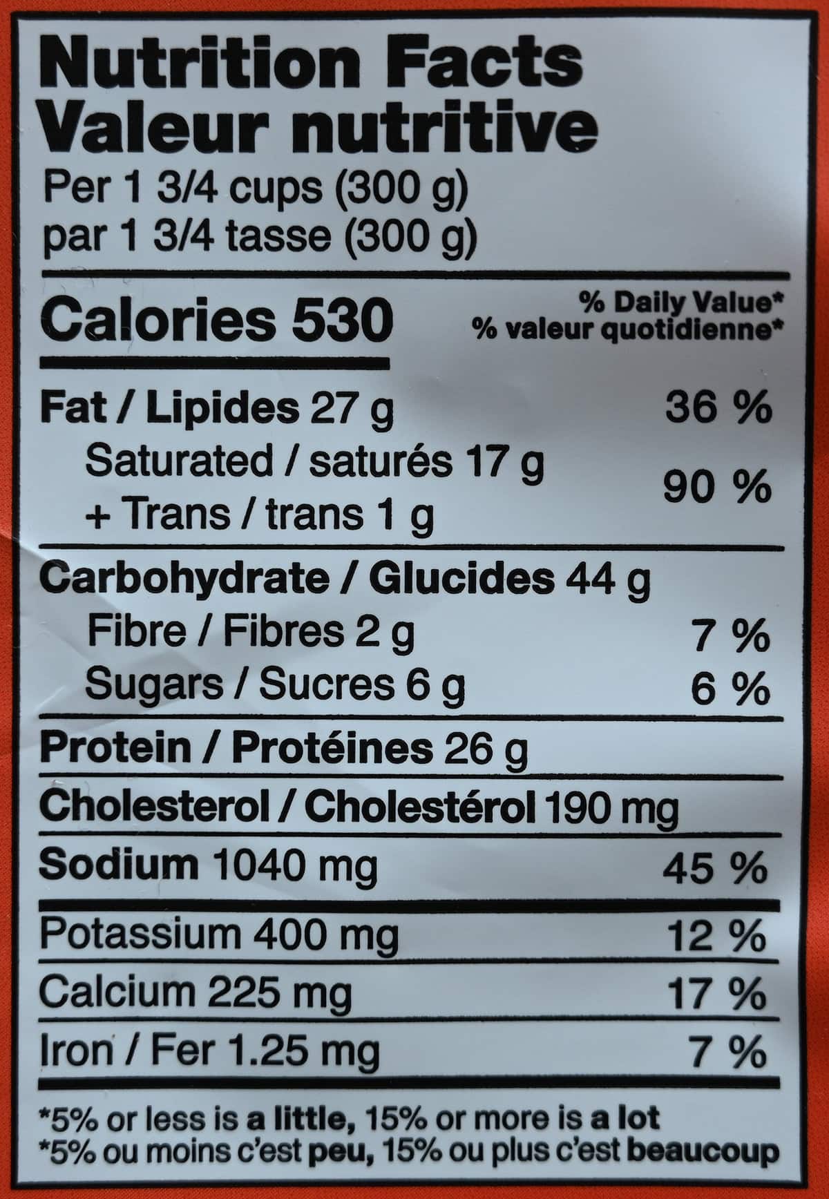 Image of the nutrition facts for the fettuccine from the back of the package.