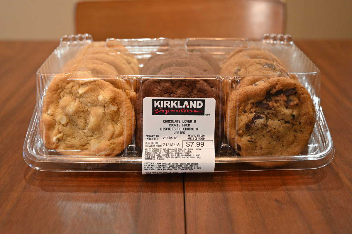 Image of the Kirkland Signature Chocolate Lover's Cookie Pack sitting on a table unopened.