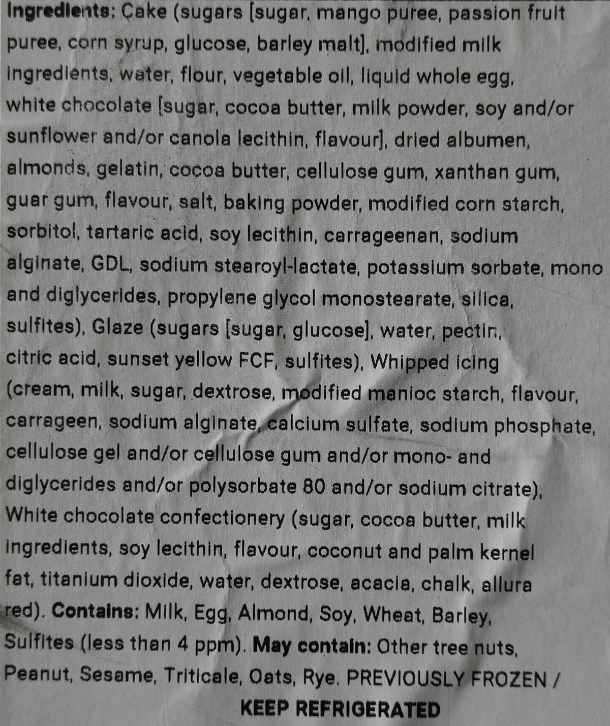 Image of the ingredients list for the cake from the label.