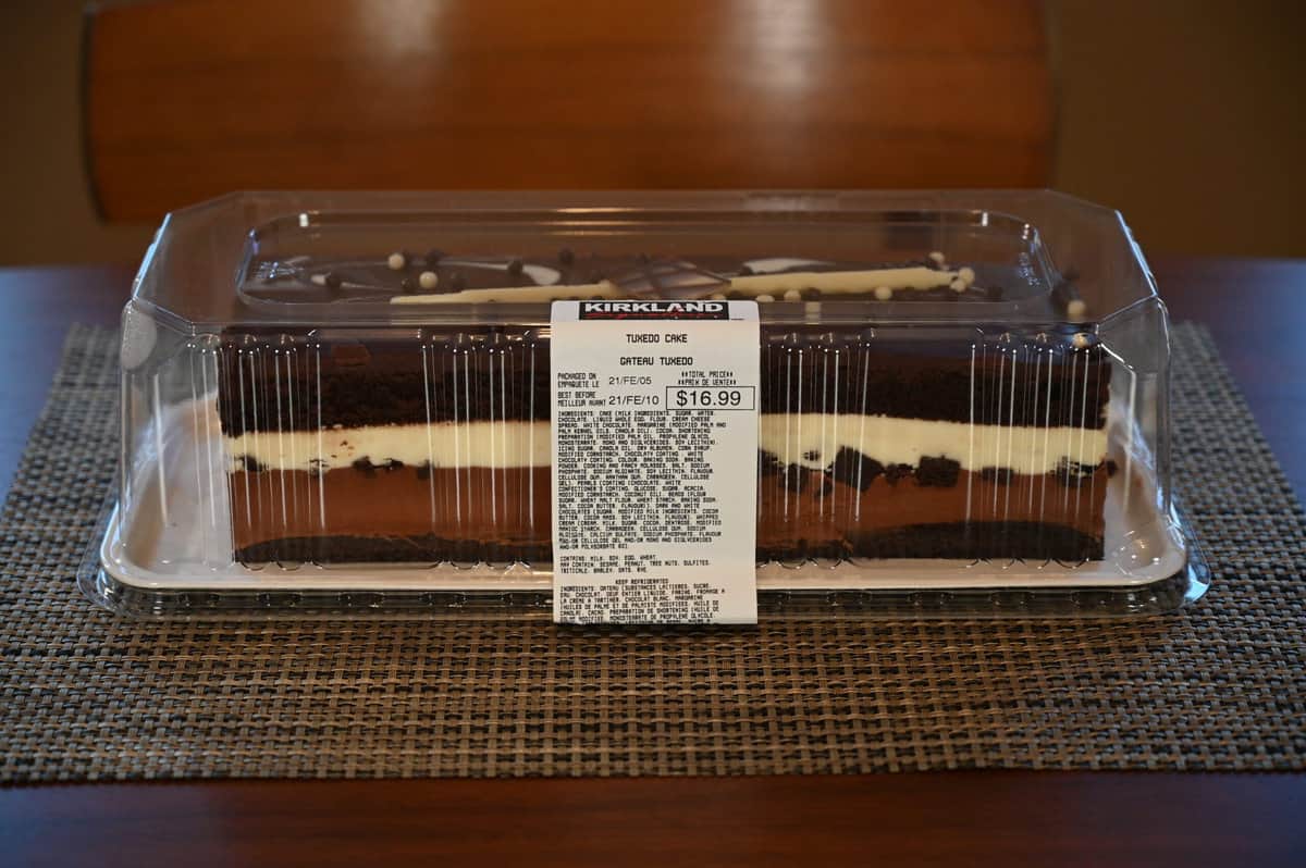 Image of the Kirkland Signature Tuxedo Cake sitting on a table.