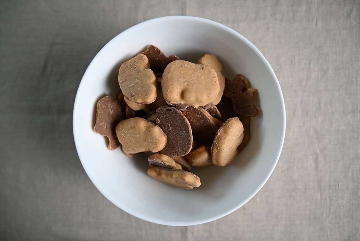 Top down image of a bowl of Reese's animal crackers. 