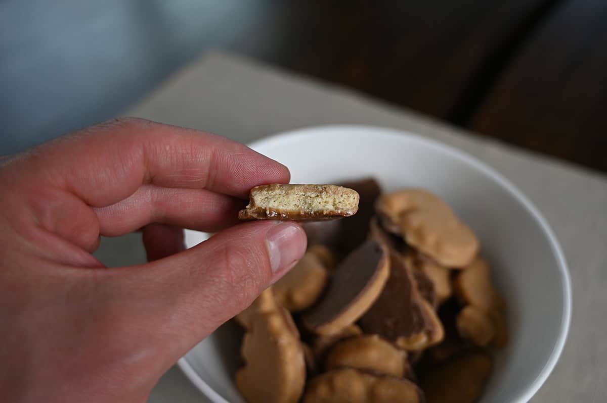 Closeup image of a hand holding an animal cracker close to the camera with a bite taken out of it. 