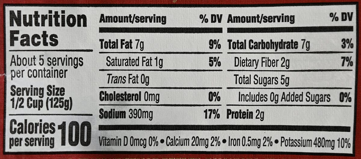 Image of the nutrition facts for the sauce from the back of the jar.