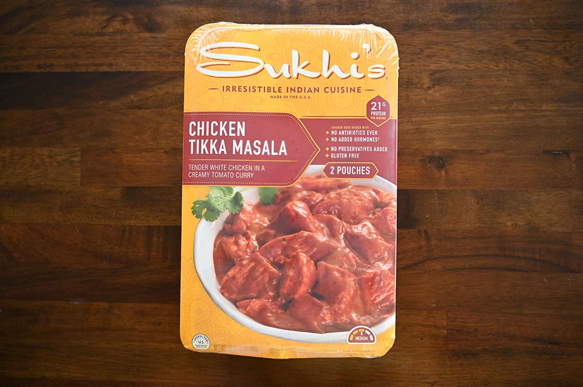 Image of the Costco Sukhi's Chicken Tikka Masala sitting on a table unopened.