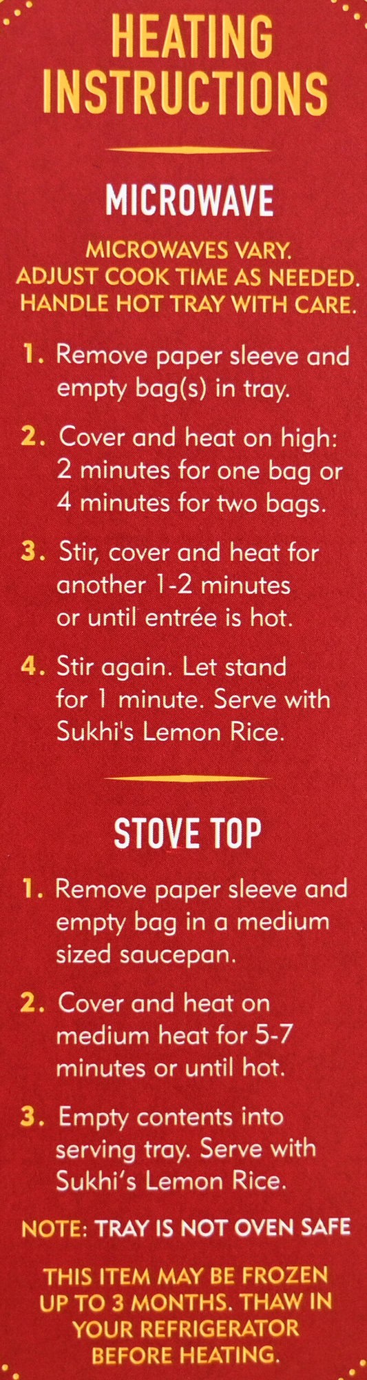 Image of the heating instructions for the Sukhi's Tikka Masala from the back of the package. 