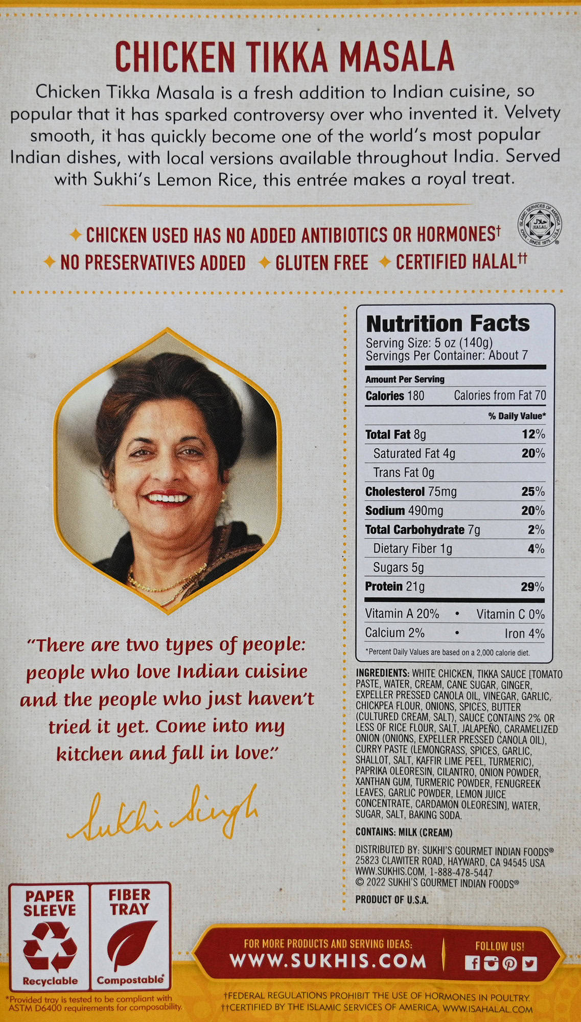 Image of the product description for the tikka masala from the back of the package with the ingredients and nutrition facts as well.