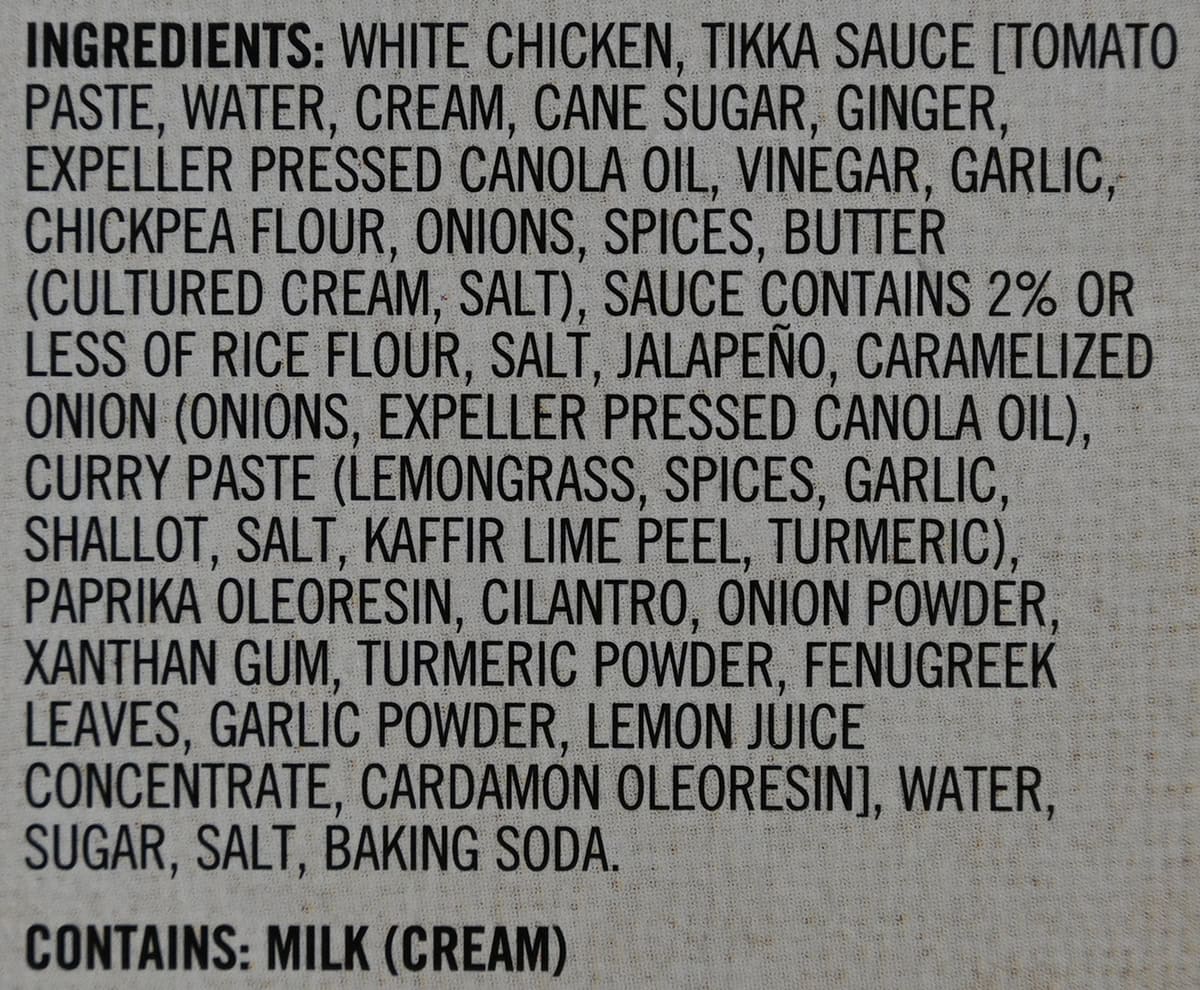 Image of the ingredients for the tikka masala from the back of the package.