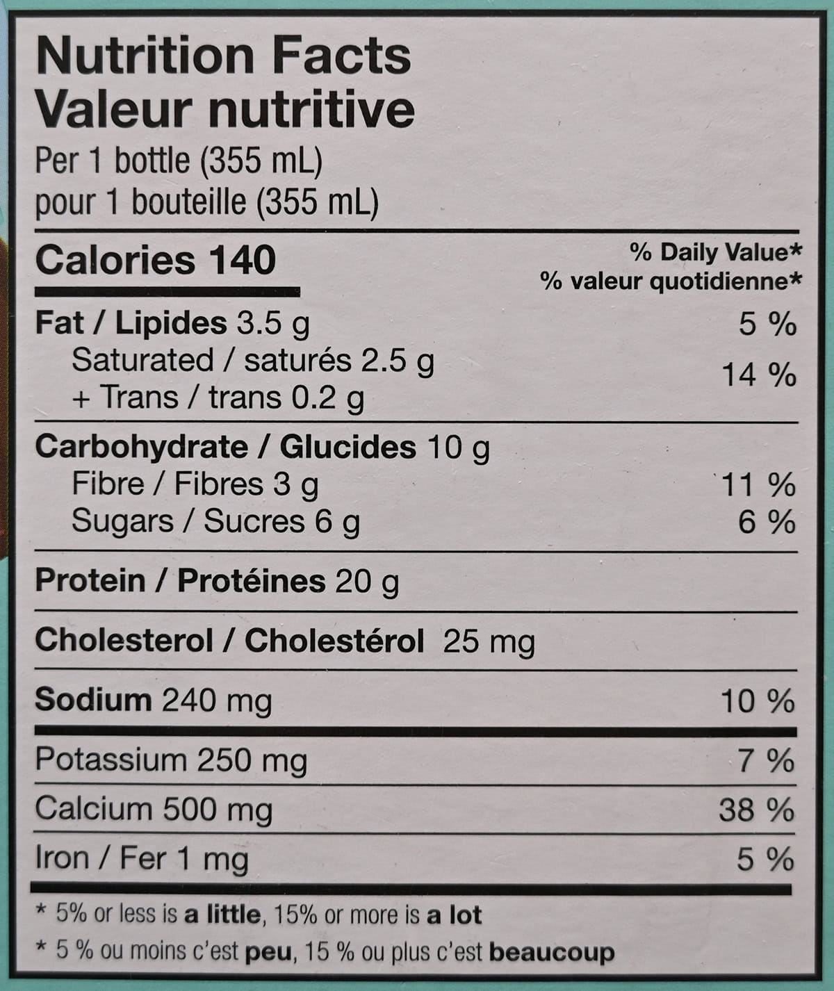 Image of the protein shake nutrition facts from the box.