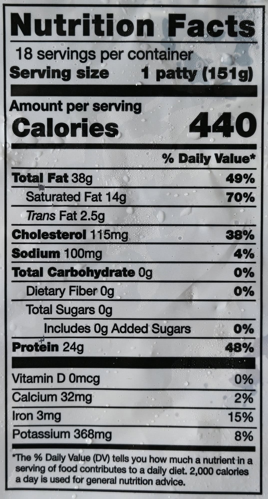 Image of the nutrition facts for the angus chuck and beef patties from the back of the bag.