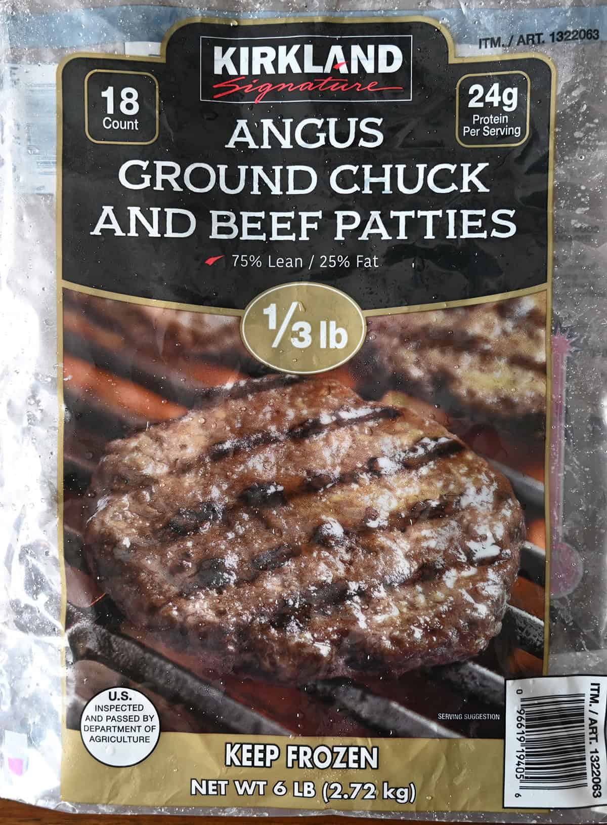 Closeup image of the angus ground chuck patties bag showing how many patties are in a bag.