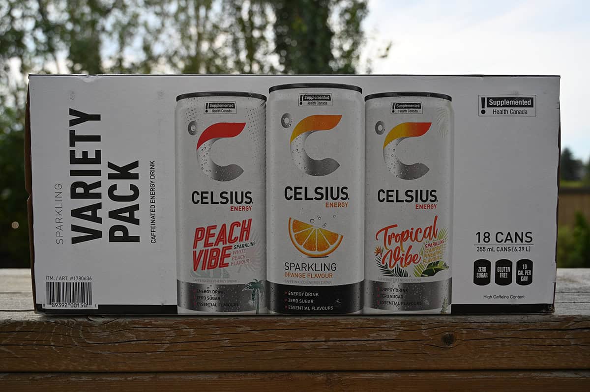 Image of the Costco Celsius Energy Drinks box sitting on a table unopened. 