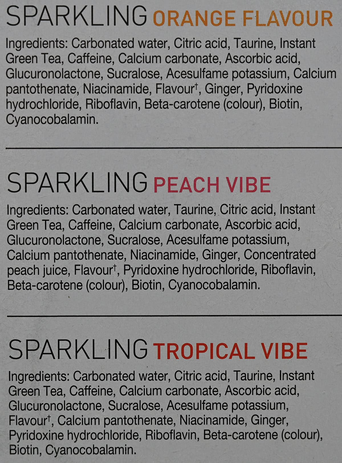 Image of the ingredients list for Celsius energy drink from the back of the box.