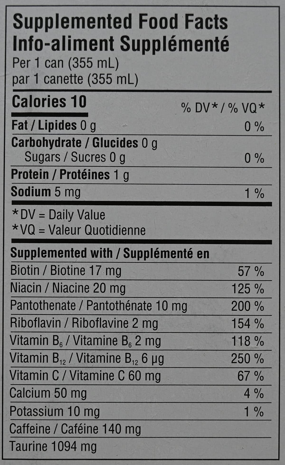 Image of the nutrition facts for Celsius energy drink from the back of the box.