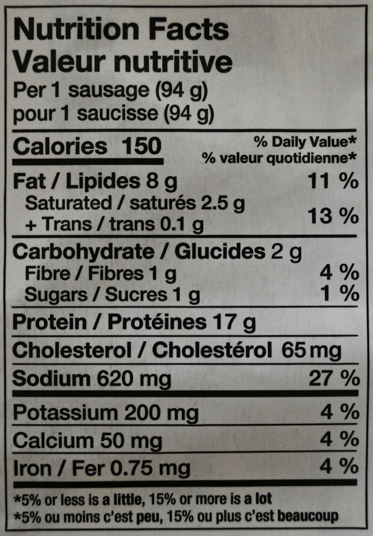 Image of the nutrition facts for the sausages from the back of the package.