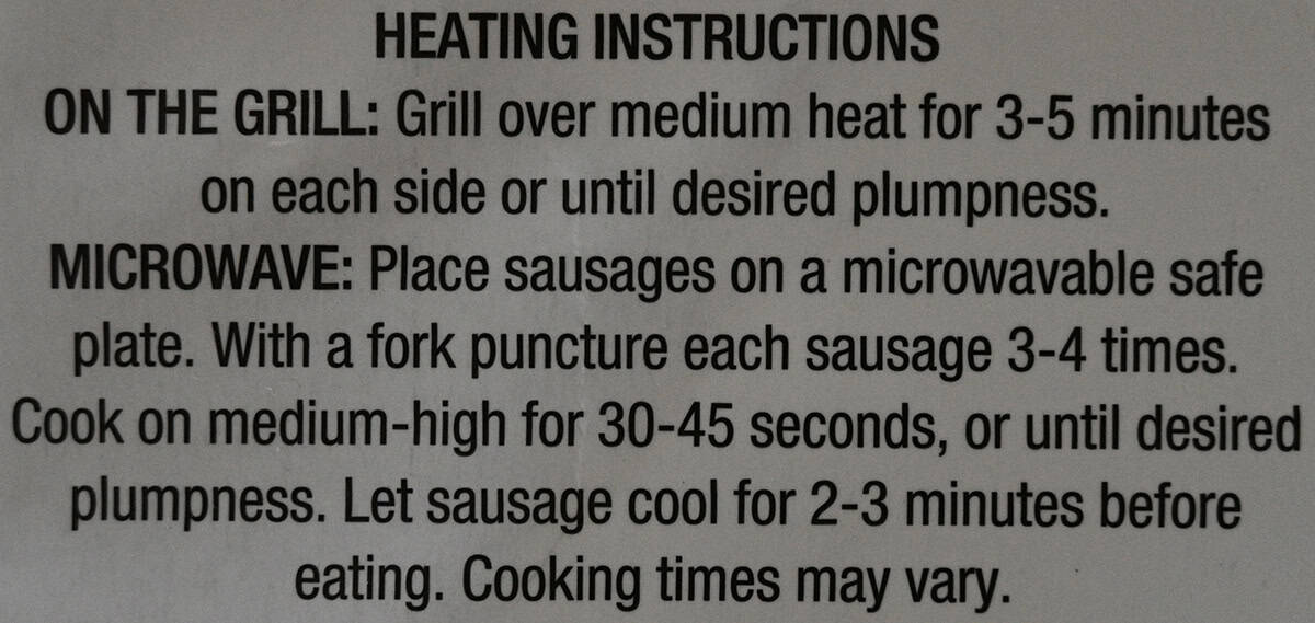 Image of the heating instructions for the sausages from the back of the package. 