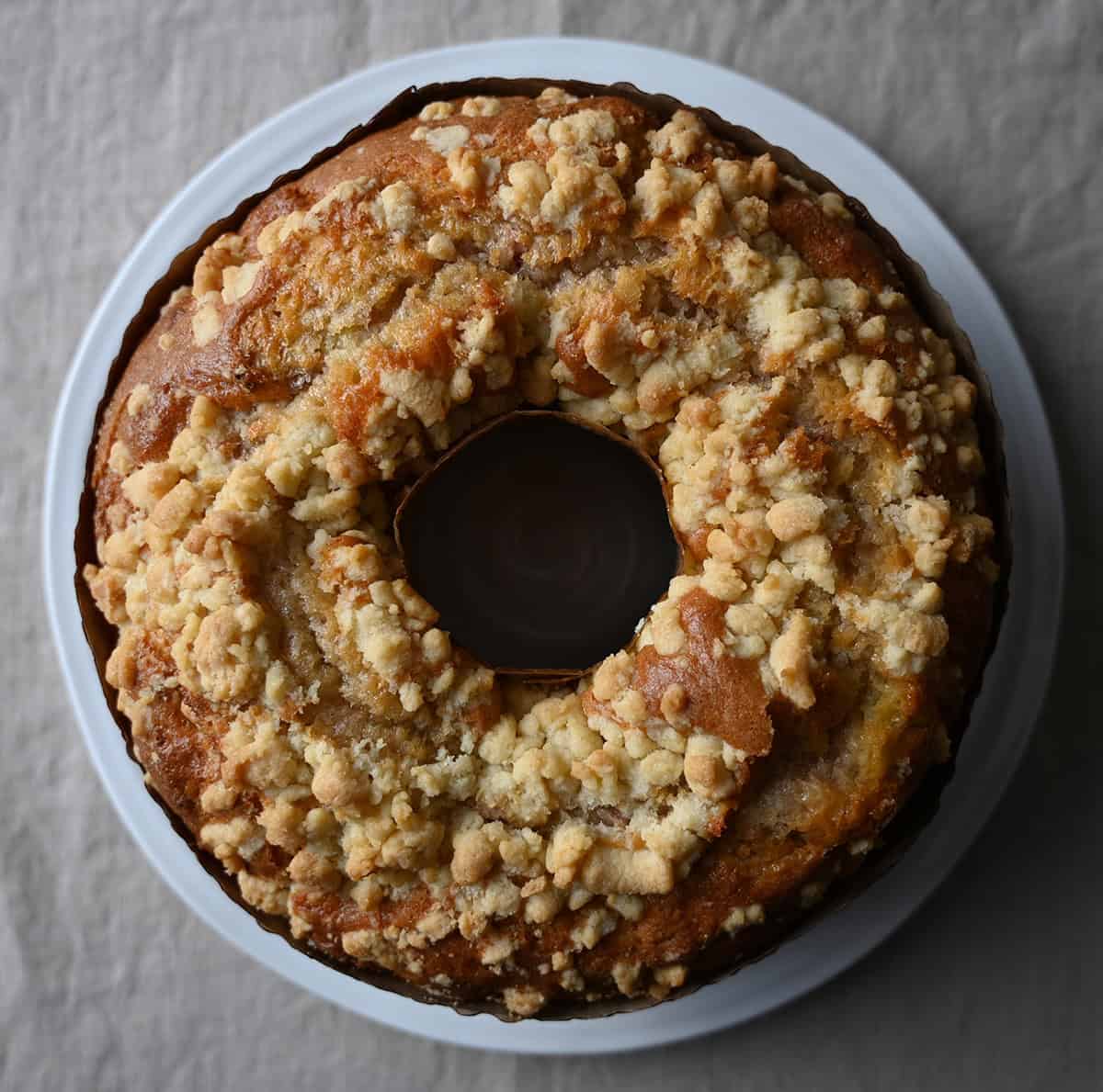 Top down closeup image of one round Kirkland Signature Raspberry Greek Yogurt Coffee Cake.