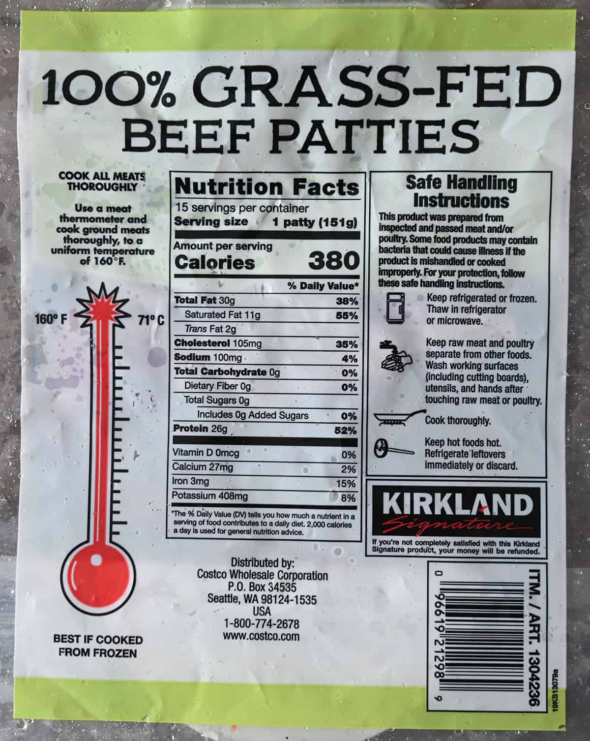 Closeup image of the back of the bag of grass-fed beef patties showing safe handling instructions and what temperature to cook the burgers to.