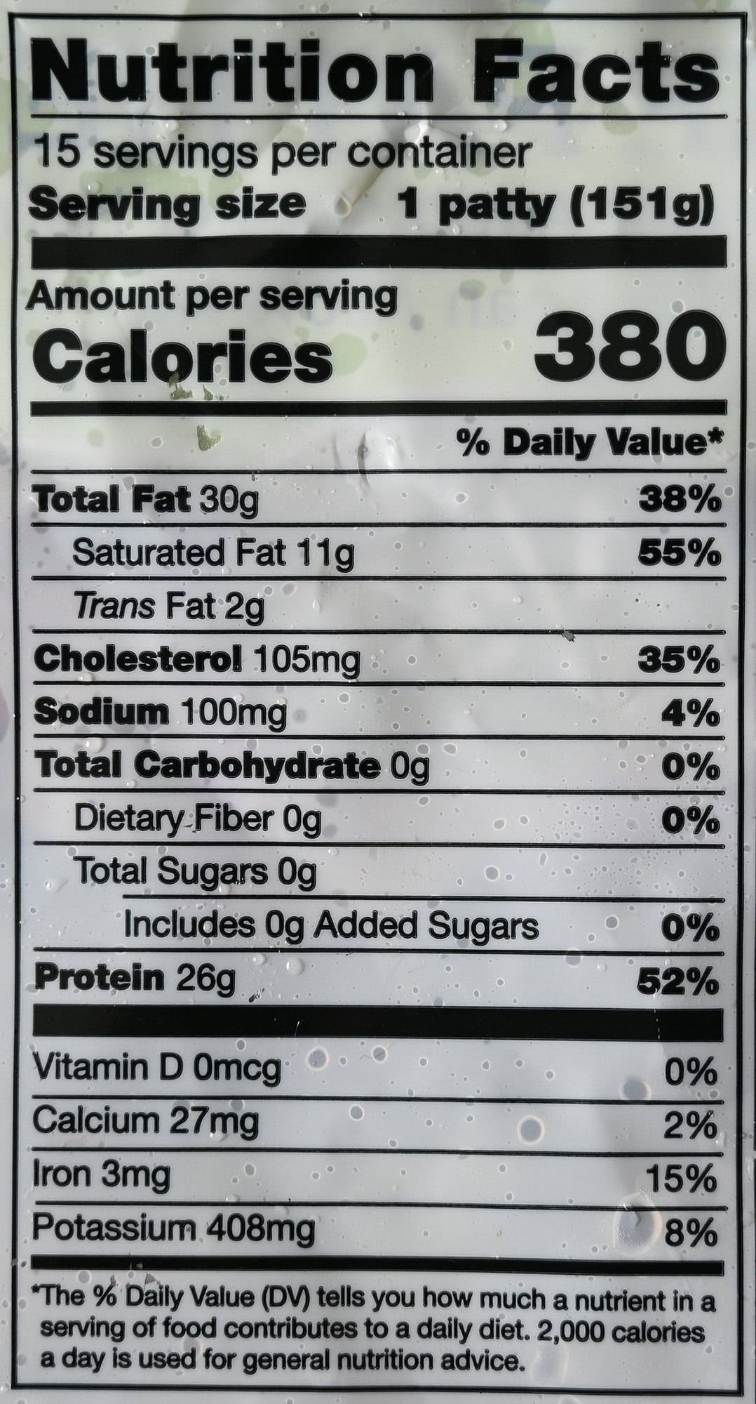 Image of the nutrition facts for the grass-fed beef patties from the back of the bag.