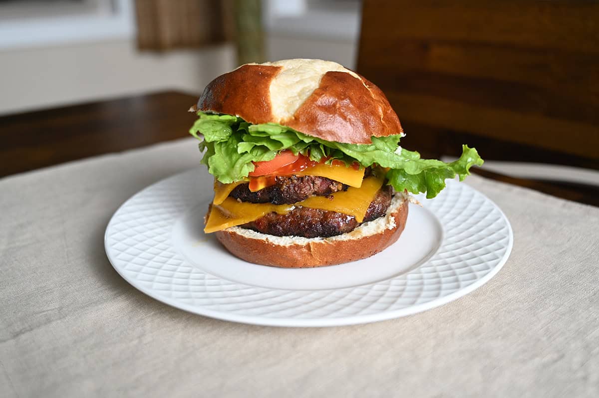 Closeup image of one double cheeseburger made using the grass-fed beef burger patties.