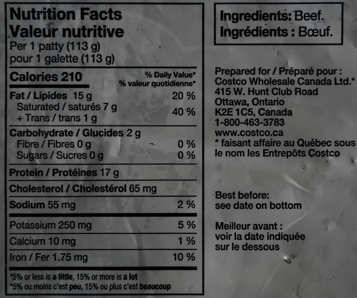 Image of the nutrition facts for the lean ground beef patties from the back of the bag.