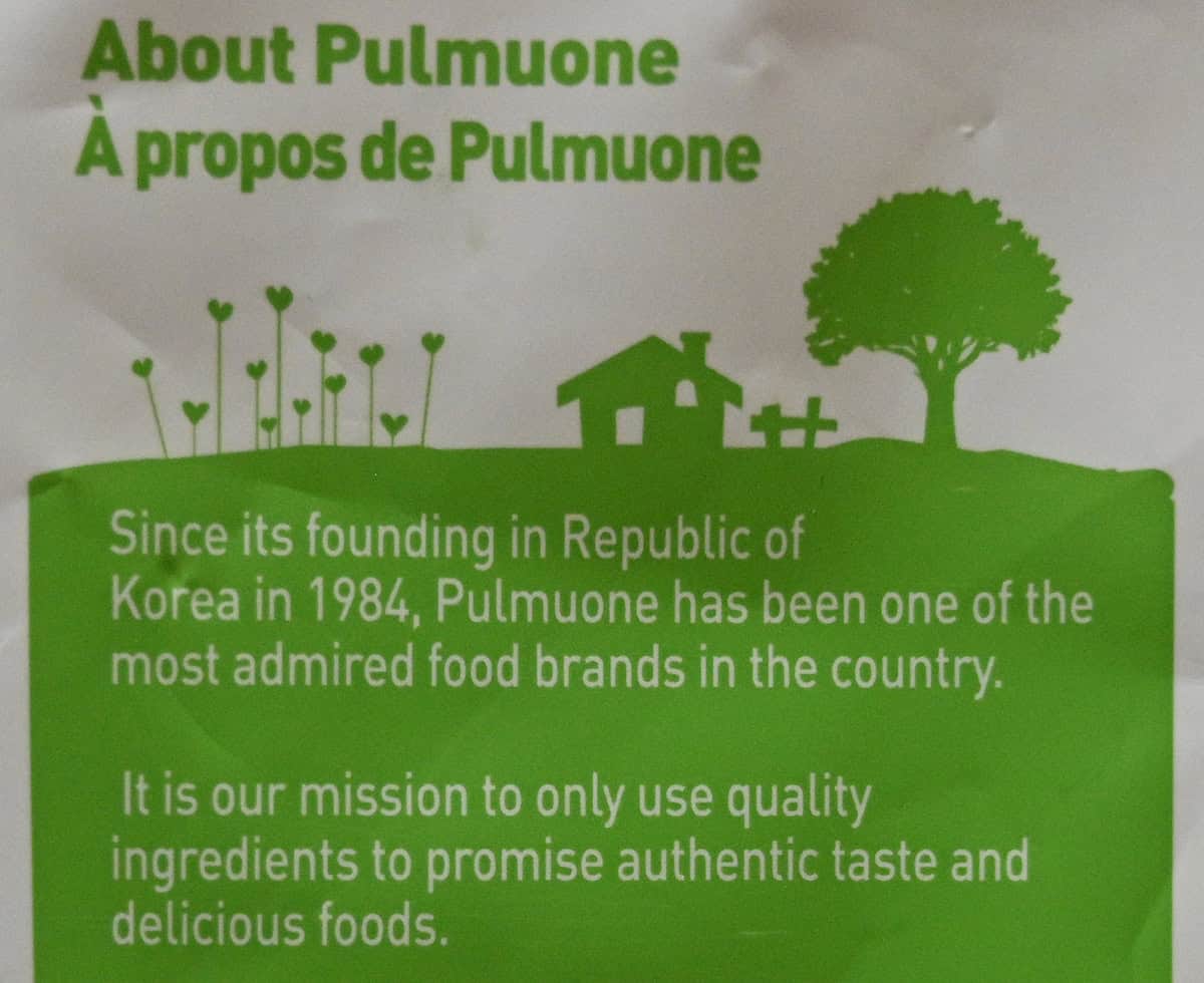 Closeup image of the Pulmuone company history and mission from the bag.