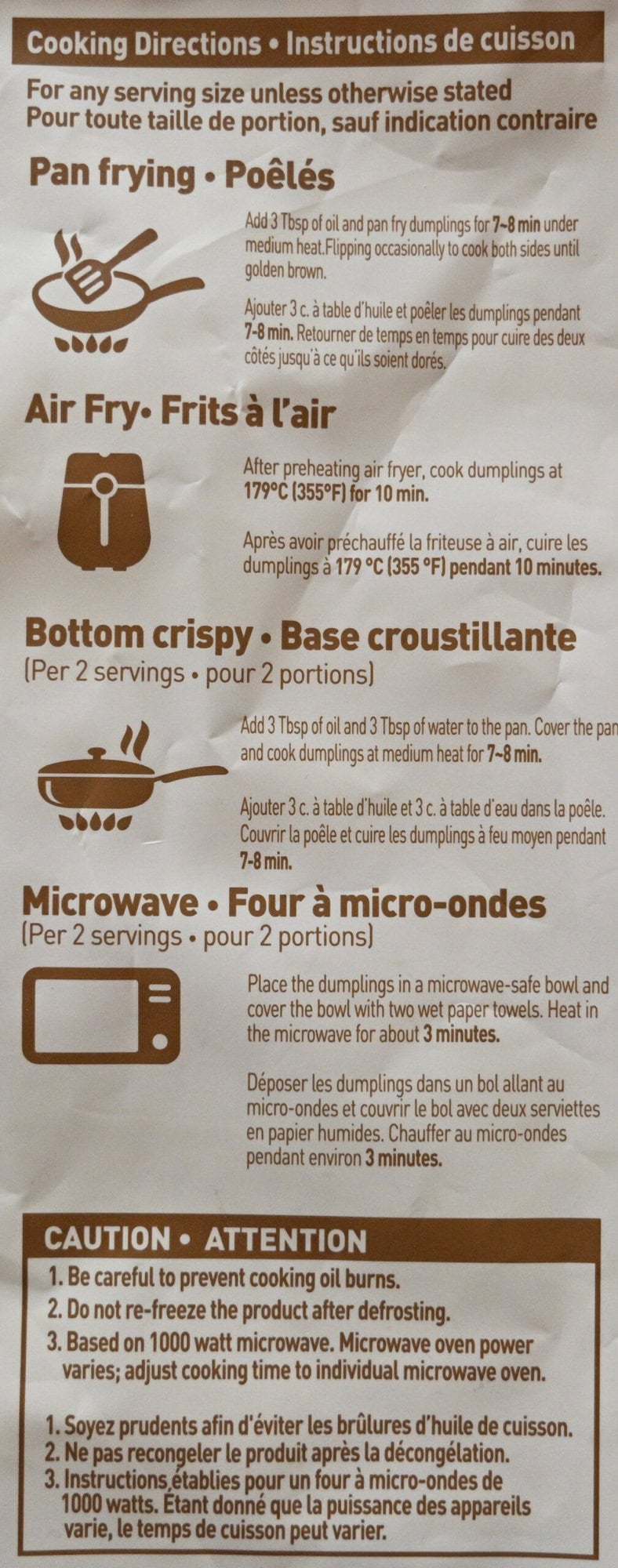 Image of the cooking instructions for the dumplings from the back of the bag.