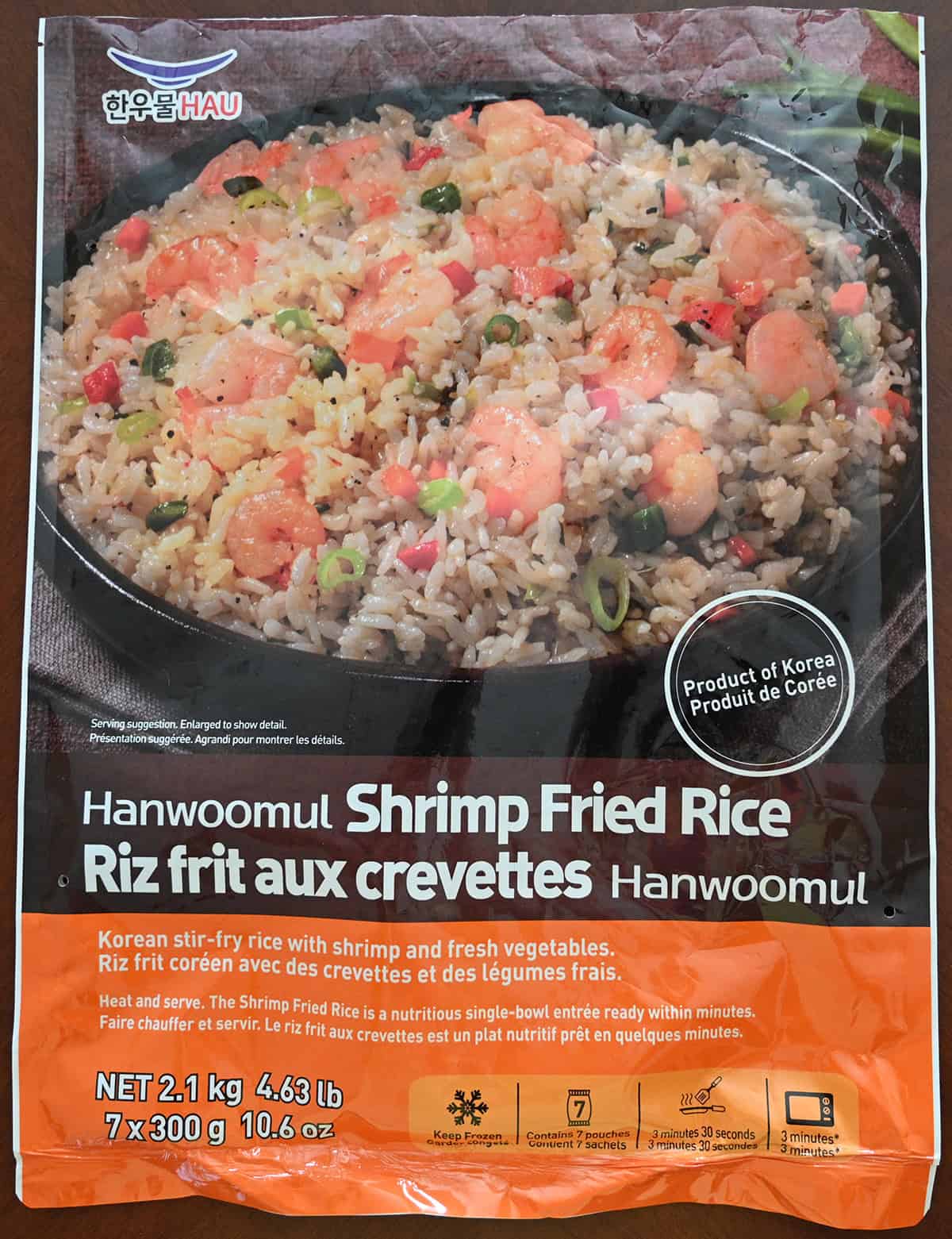 Closeup image of the Hanwoomul Shrimp Fried Rice bag showing product description and that it is a product of Korea.