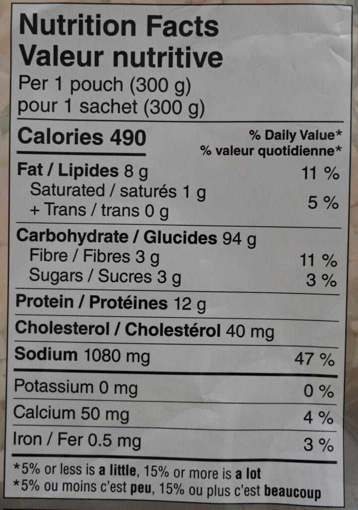 Image of the nutrition facts for the fried rice from the back of the bag.