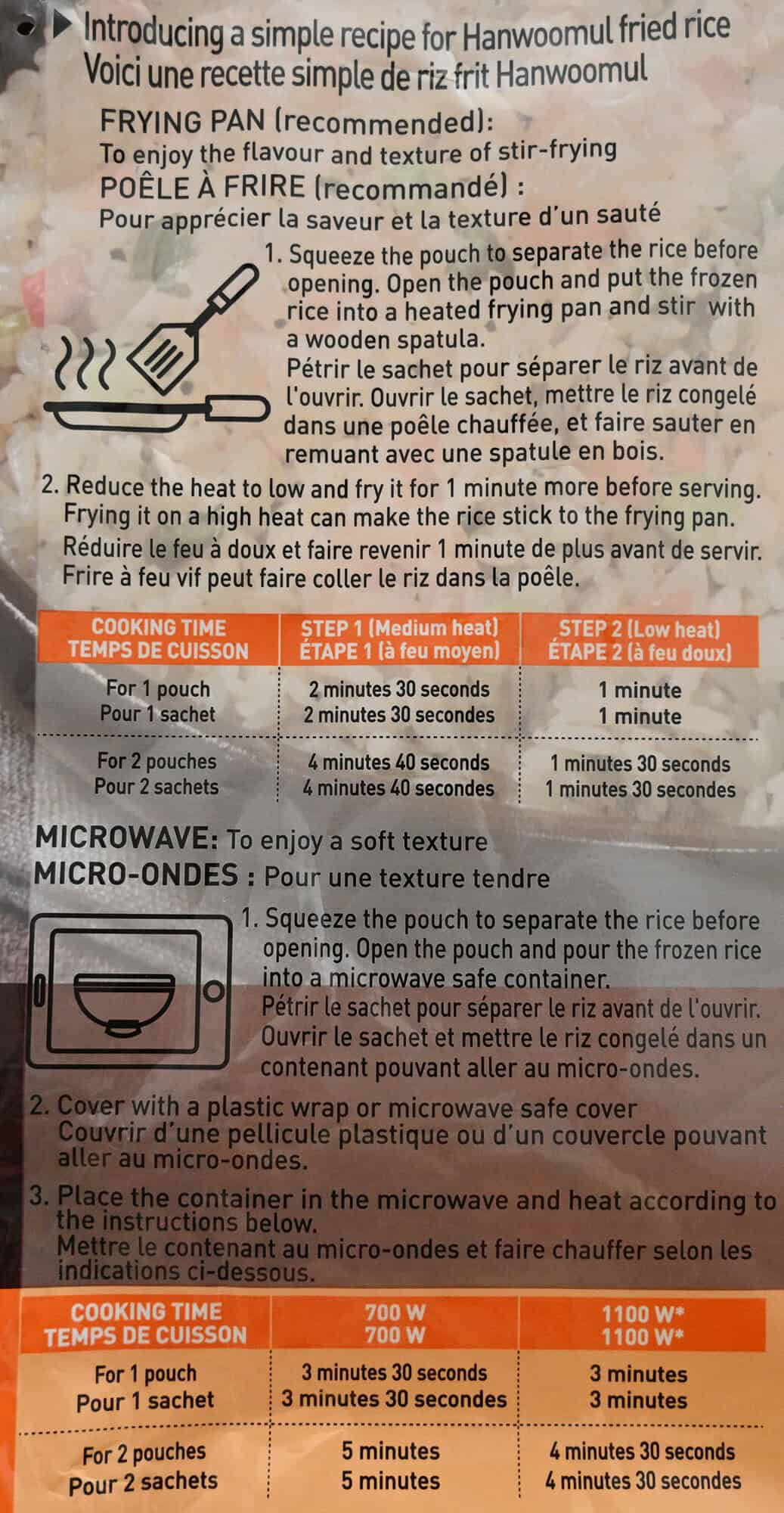 Image of the heating instructions for the shrimp fried rice from the back of the bag.