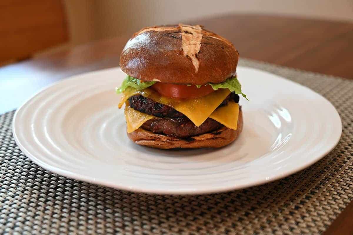 Closeup image of one double cheeseburger made using the lean sirloin beef burger patties.