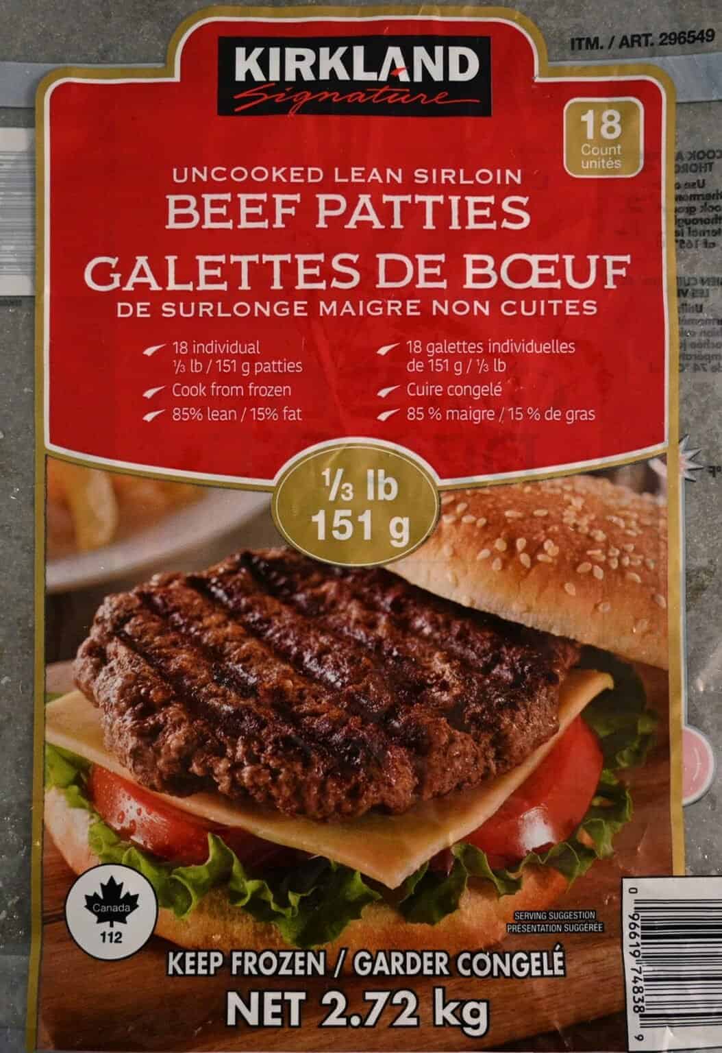 Closeup image of the lean sirloin beef patties bag showing how many patties are in a bag.