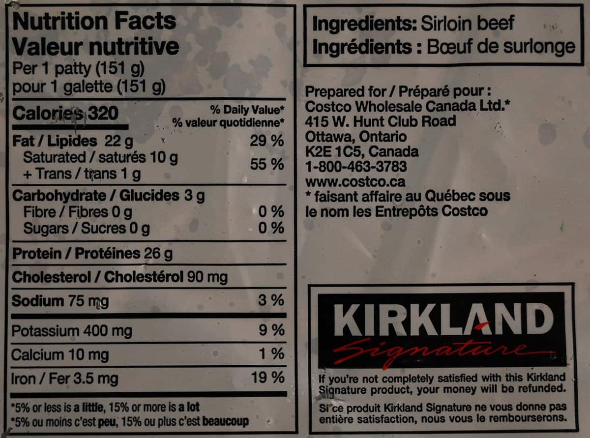 Image of the nutrition facts for the lean sirloin beef patties from the back of the bag.