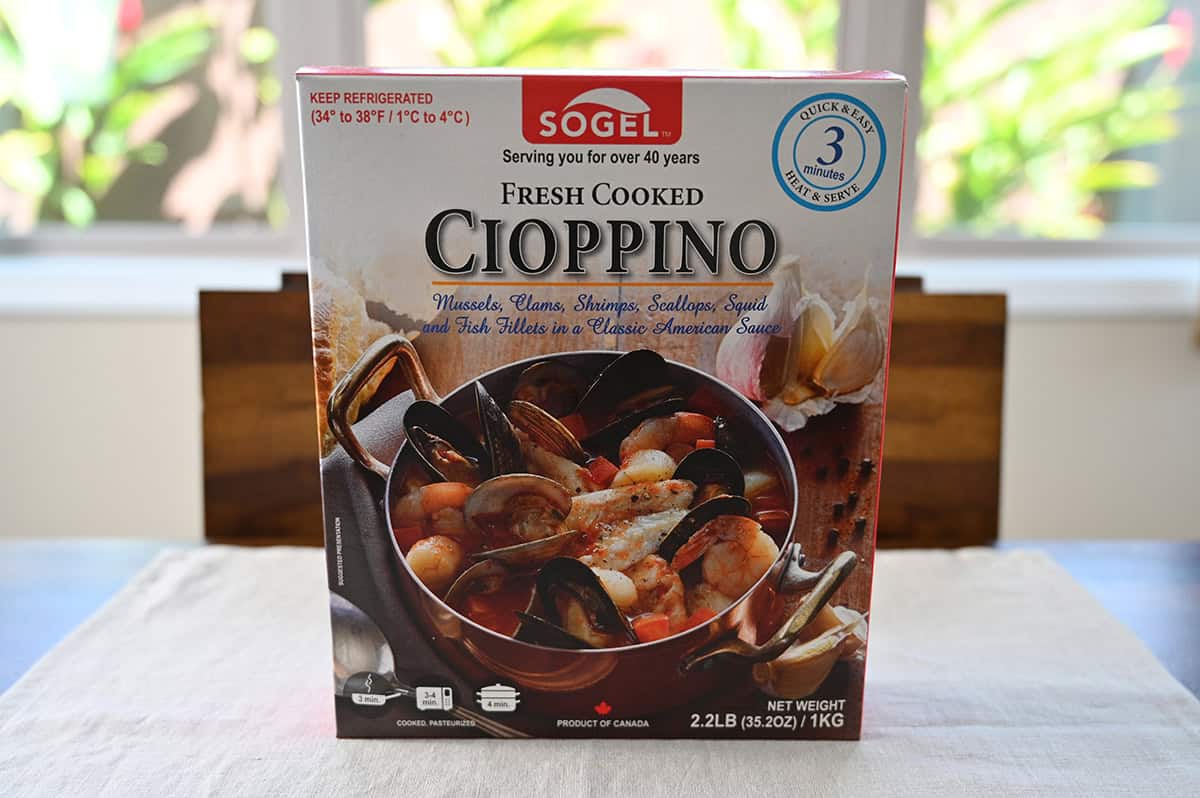 Image of the Costco Sogel Cioppino box sitting on a table unopened.