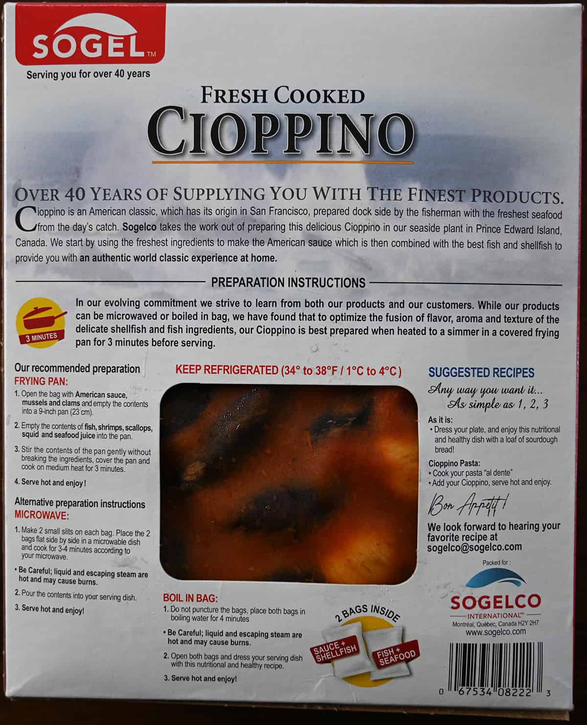 Image of the back of the box of cioppino showing company description and cooking instructions.