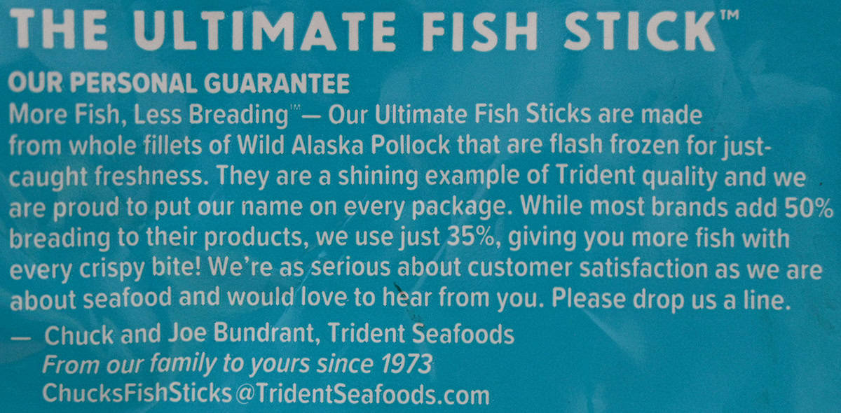 Image of the product description for the fish sticks from the back of the bag.