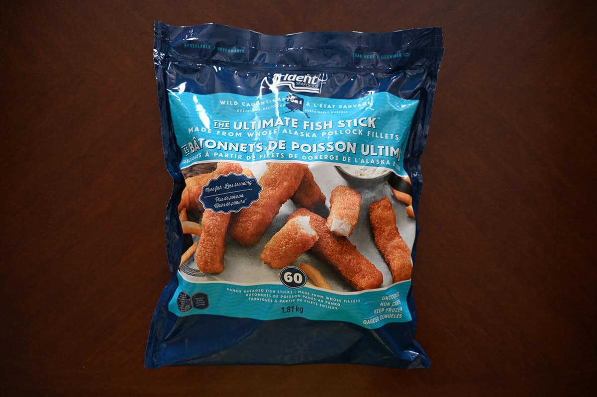 Image of the Costco Trident The Ultimate Fish Stick bag sitting on a table unopened.