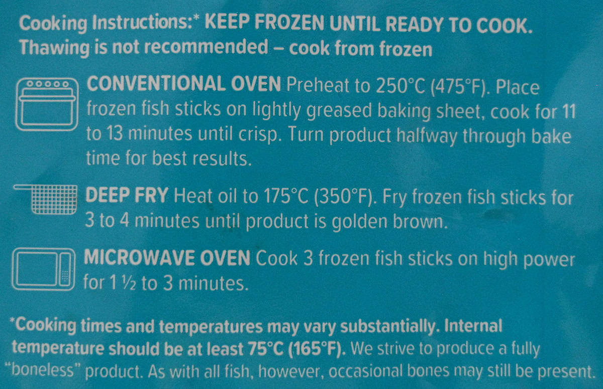 Image of the cooking instructions for the fish sticks from the back of the bag.