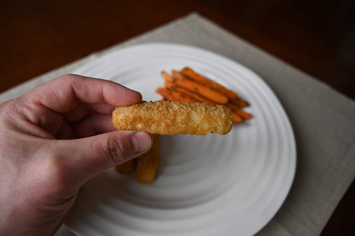 Image of a hand holding one fish stick close to the camera with a plate of fries in the background.