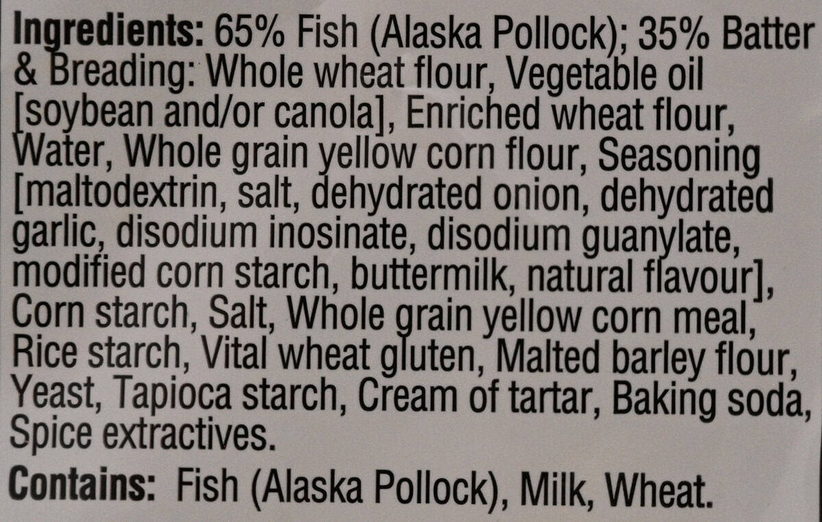 Image of the ingredients list for the fish sticks from the back of the bag.