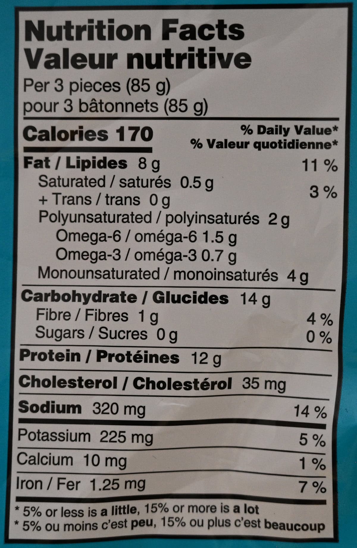 Image of the nutrition facts for the fish sticks from the back of the bag.