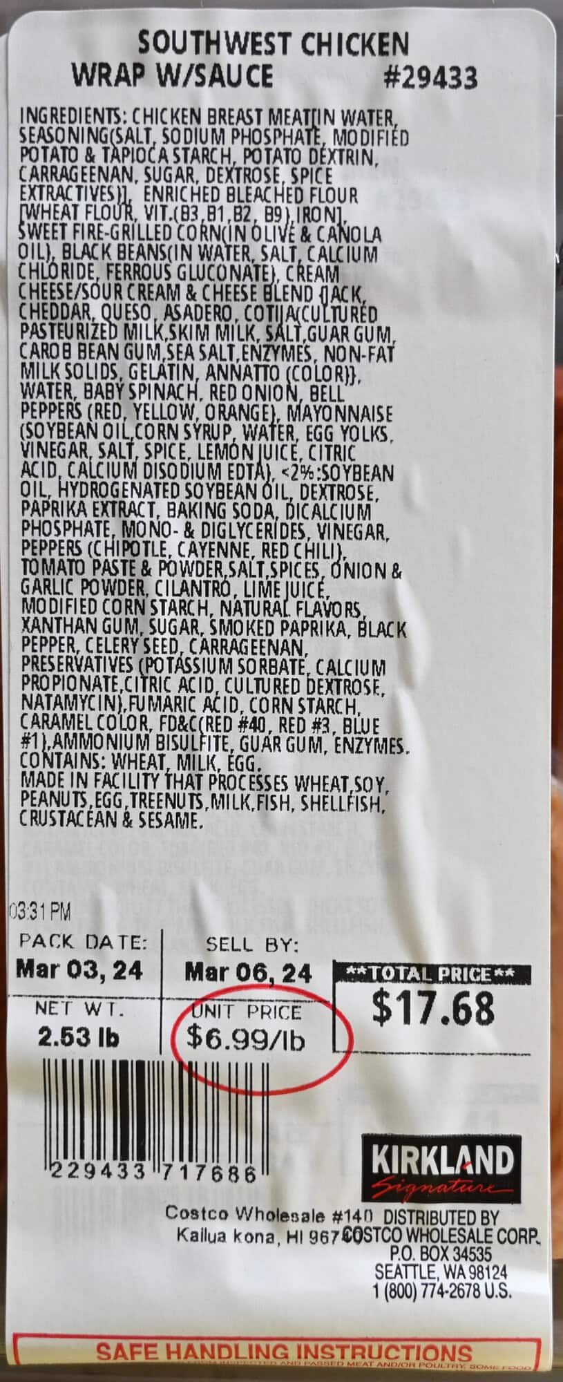 Closeup image of the front label on the wraps showing ingredients, cost and best before date. 