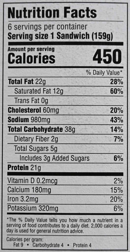 Image of the nutrition facts for the cheesesteaks from the back of the box.